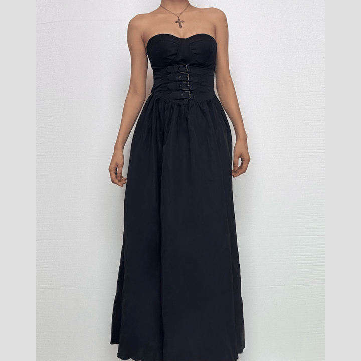 Buckle smocked sweetheart neck tube midi dress-final-sale  | Festival Outfits Women