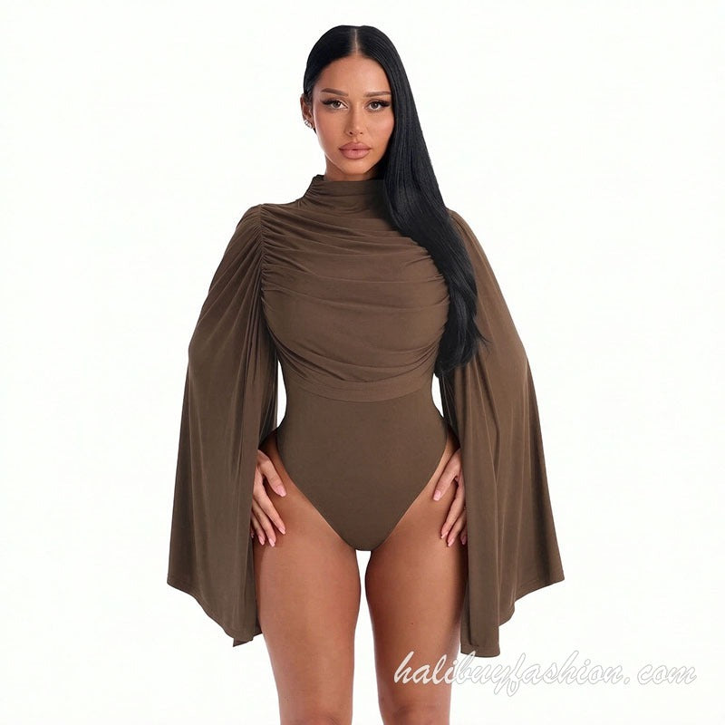 Turtle neck long flared sleeve ruched solid knit bodysuit - Halibuy - 19