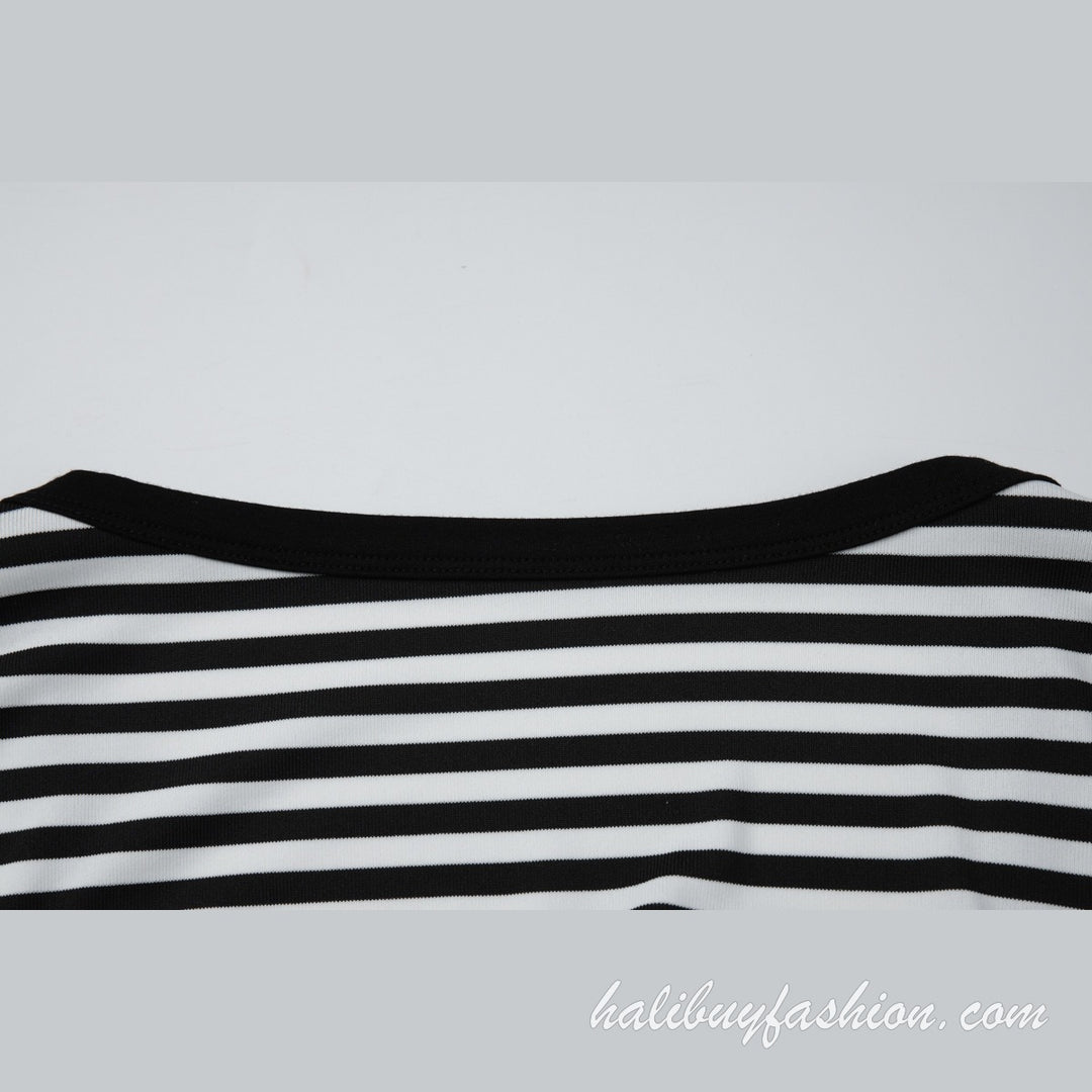 Striped long sleeve u neck contrast drawstring low rise pant set - Halibuy - 19