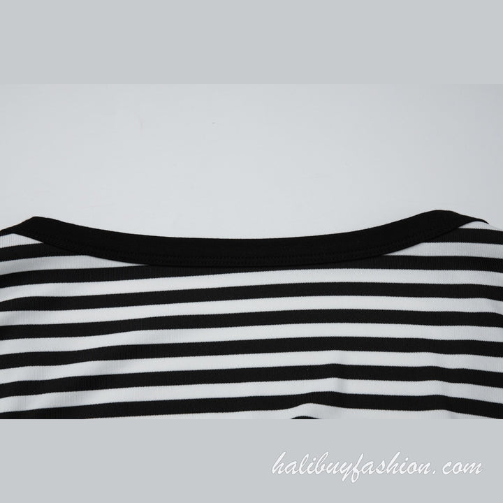 Striped long sleeve u neck contrast drawstring low rise pant set - Halibuy - 19