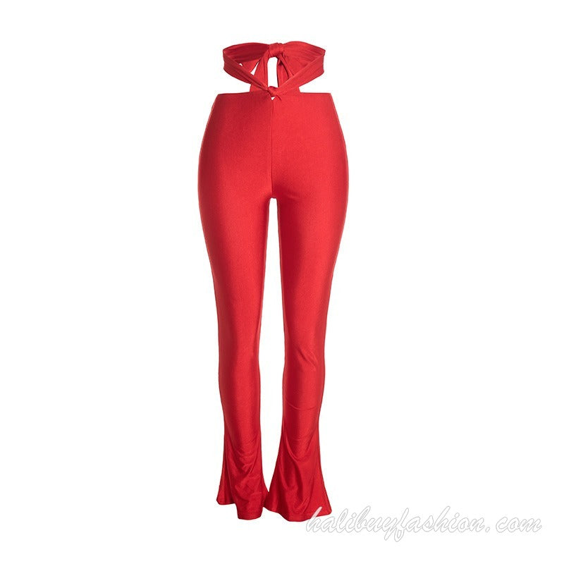 Lace up long sleeve solid backless cut out pant set - Halibuy - 19