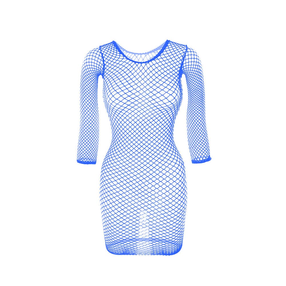 Long sleeve crewneck fishnet solid mini dress  | Festival Outfits Women