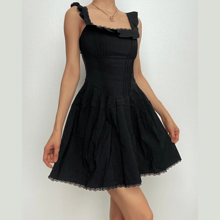Cap sleeve square neck ruffle pleated solid zip-up mini dress