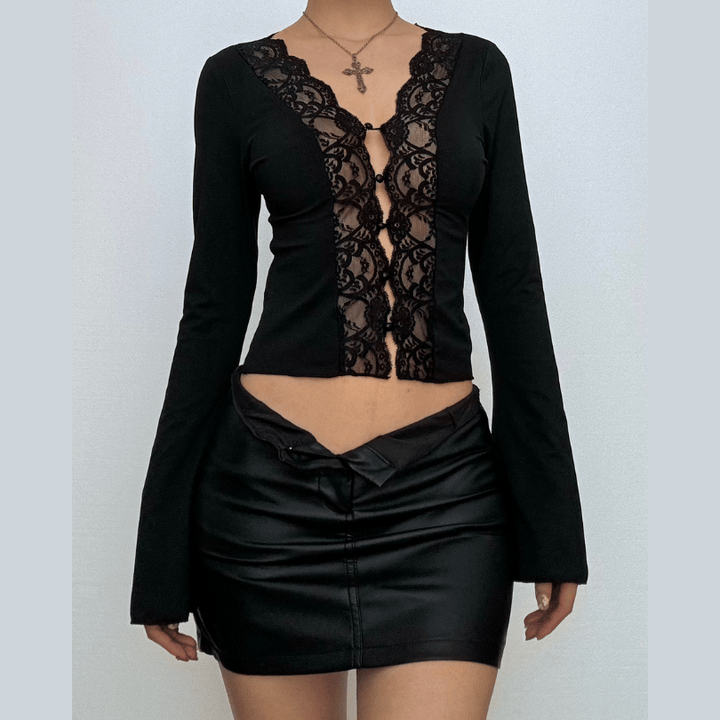 Long sleeve v neck lace hem button top  | Festival Outfits Women