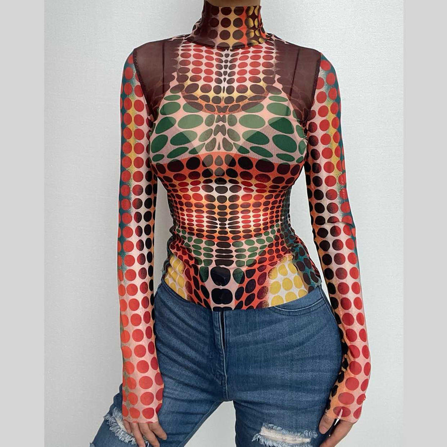 Sheer mesh see through polka dot thermal high neck long sleeve contrast top