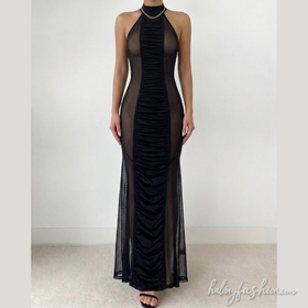 Halter ruched mesh solid see through maxi dress