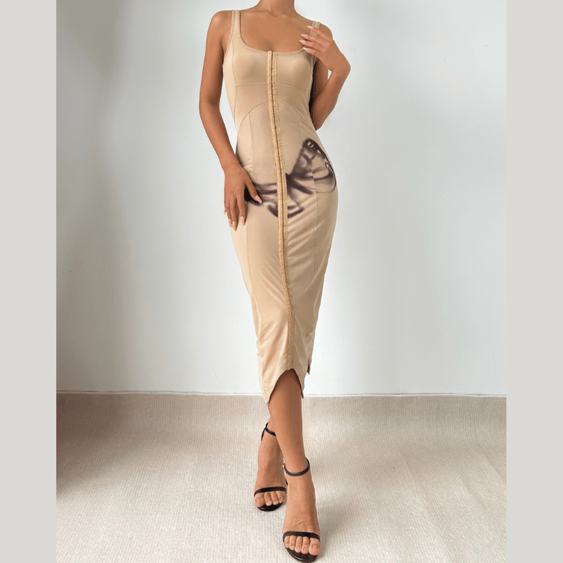 Square neck butterfly pattern tank midi dress  | Festival Outfits Women-final-sale