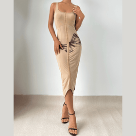 Square neck butterfly pattern tank midi dress  | Festival Outfits Women-final-sale