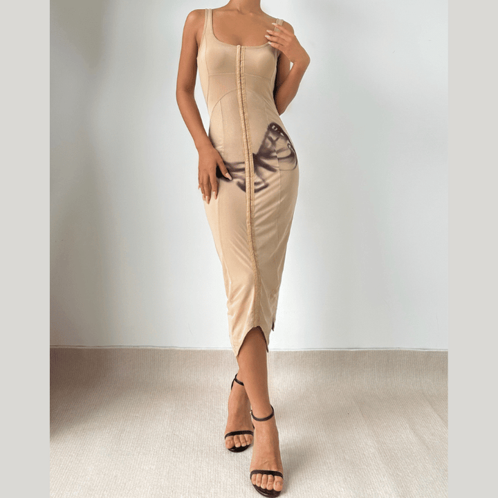 Square neck butterfly pattern tank midi dress  | Festival Outfits Women-final-sale