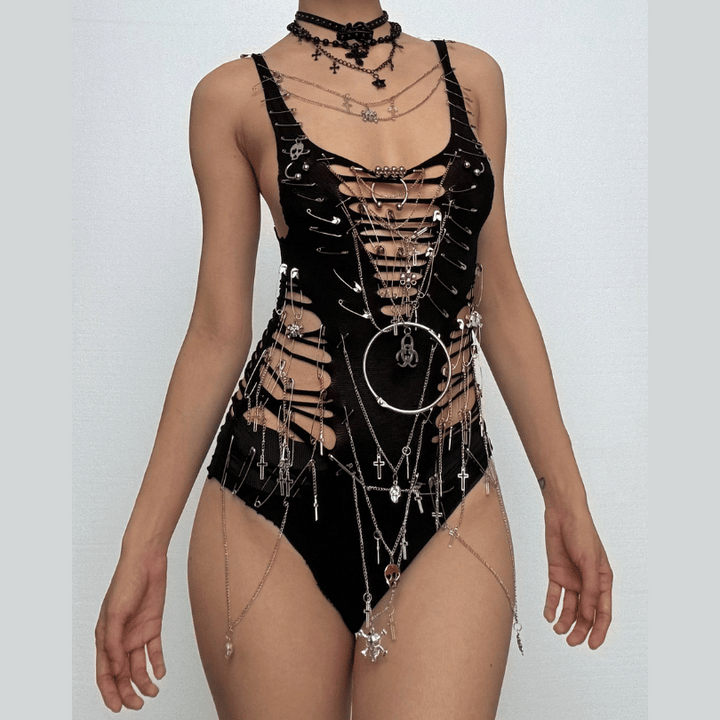 Hollow out metal chain o ring skull applique bodysuit  | Festival Outfits Women