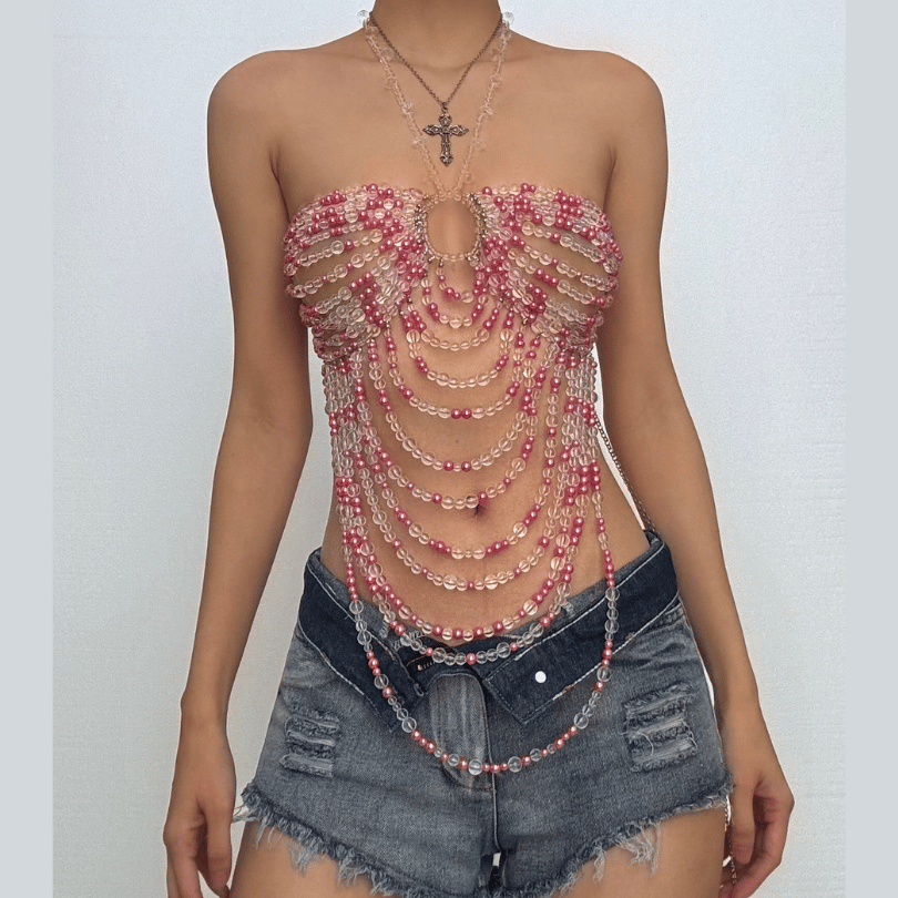 Halter hollow out beaded backless cut out top  | Festival Outfits Women