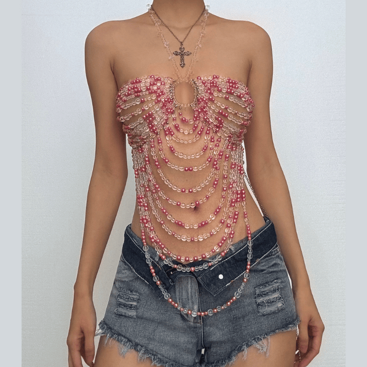 Halter hollow out beaded backless cut out top  | Festival Outfits Women