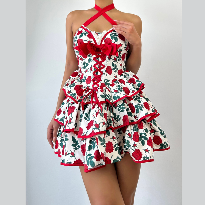 Bowknot flower print lace hem cross front mini dress  | Festival Outfits Women