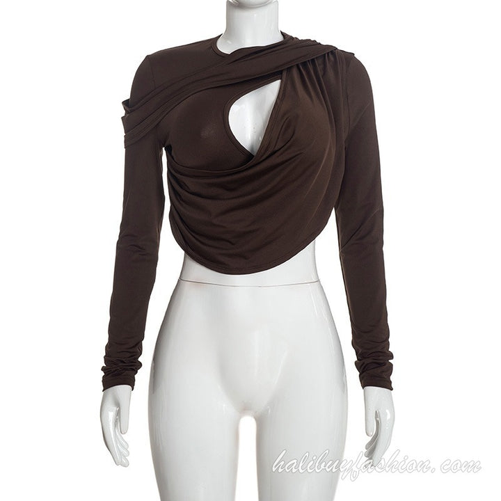 Long sleeve solid hollow out ruched knitted pant set - Halibuy - 19