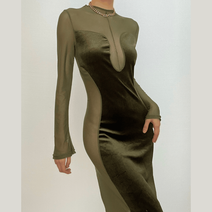 Long sleeve velvet mesh solid zip-up maxi dress-final-sale  | Festival Outfits Women