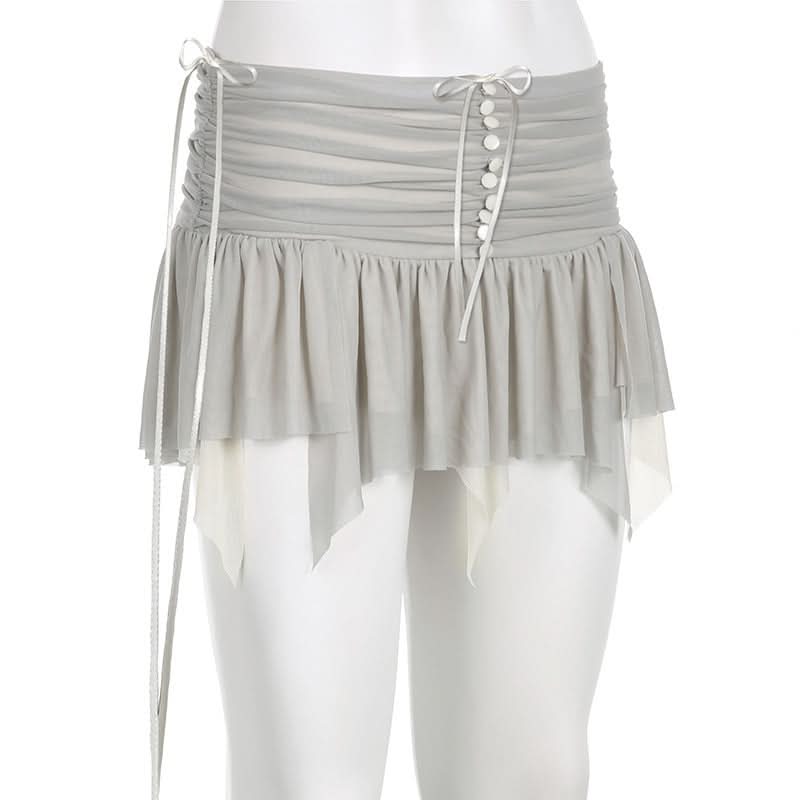 Mesh patchwork ruffle button contrast backless cami ruched skirt set-final-sale