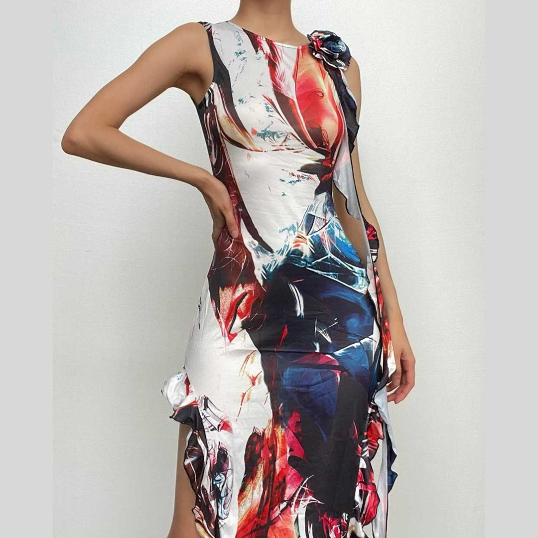 Ribbon sleeveless flower applique contrast print maxi dress-final-sale  | Festival Outfits Women