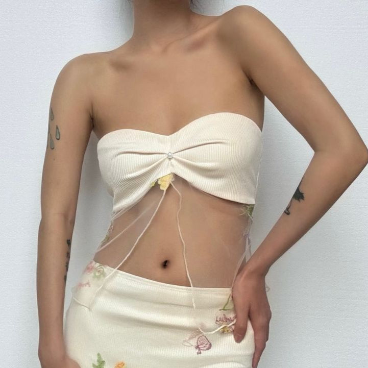 Beaded ruched mesh embroidery tube top  | Festival Outfits Women