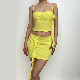 Flower applique solid ruffle ribbon cami mini skirt set-final-sale  | Festival Outfits Women