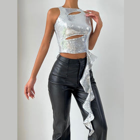 Crewneck glitter hollow out ruffle irregular crop cut out top  | Festival Outfits Women