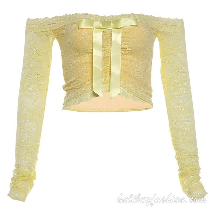 Off shoulder long sleeve lace bowknot ruched crop top - Halibuy - 19