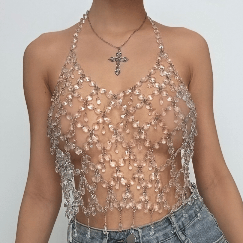 Metal chain plastic crystal halter backless top  | Festival Outfits Women