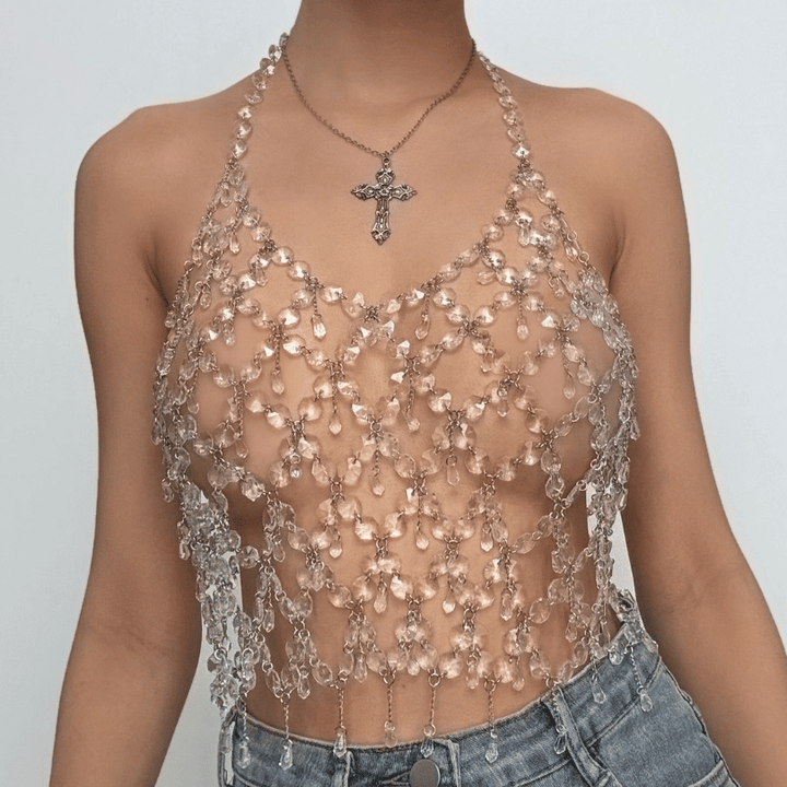 Metal chain plastic crystal halter backless top  | Festival Outfits Women