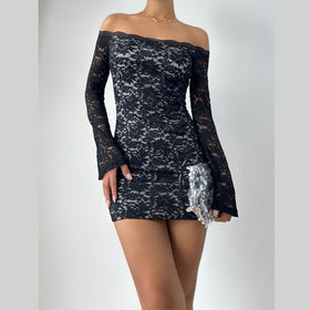 Lace long sleeve off shoulder solid mini dress  | Festival Outfits Women
