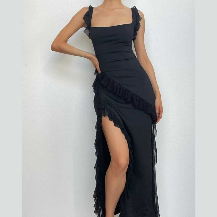 Ruffle cap sleeve slit square neck irregular solid maxi dress-final-sale  | Festival Outfits Women