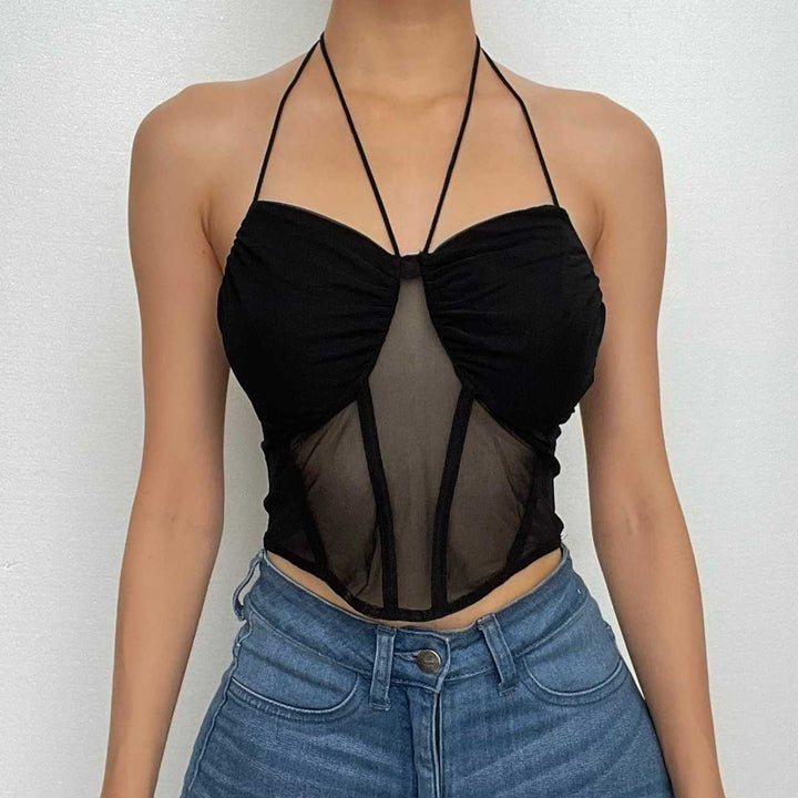 Halter self tie mesh backless ruched corset solid crop top