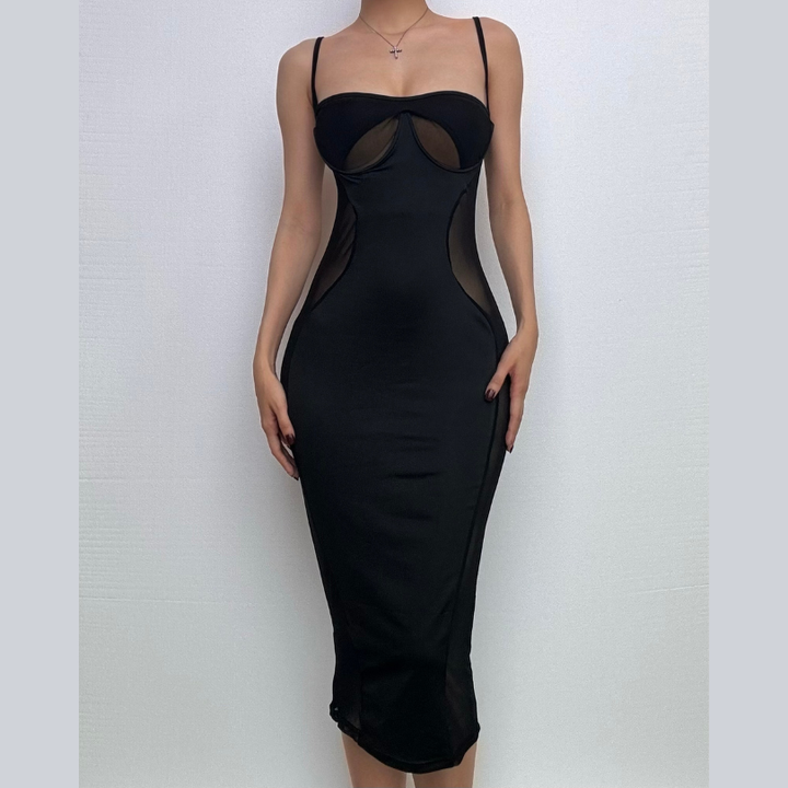 Sweetheart neck mesh patchwork cami midi dress-final-sale
