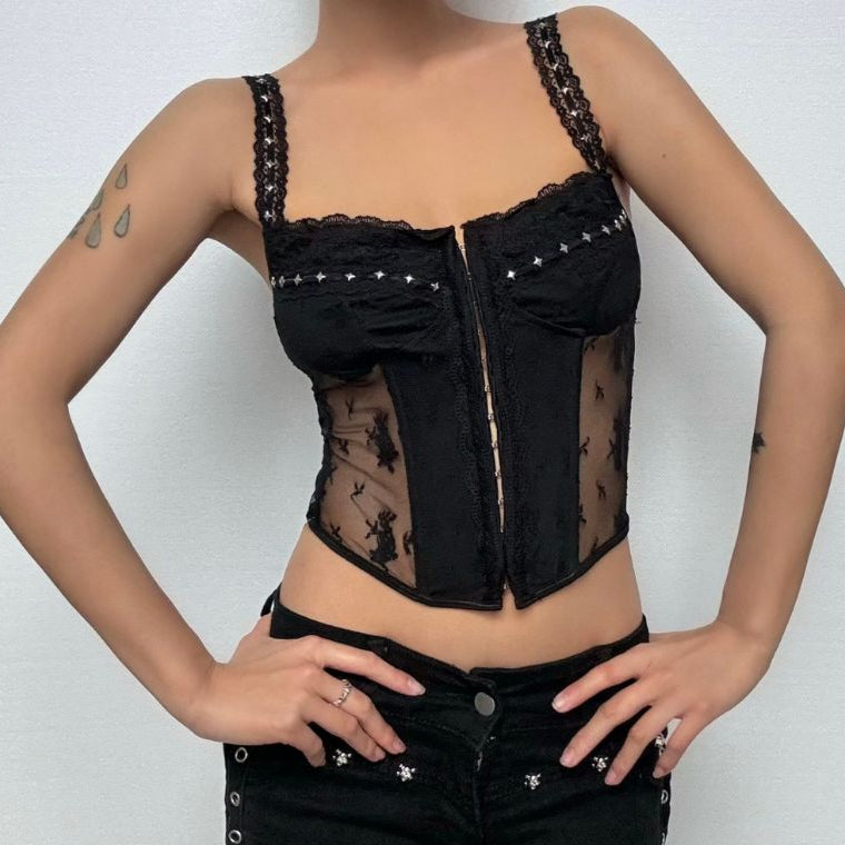 Lace hem u neck button backless cami top  | Festival Outfits Women