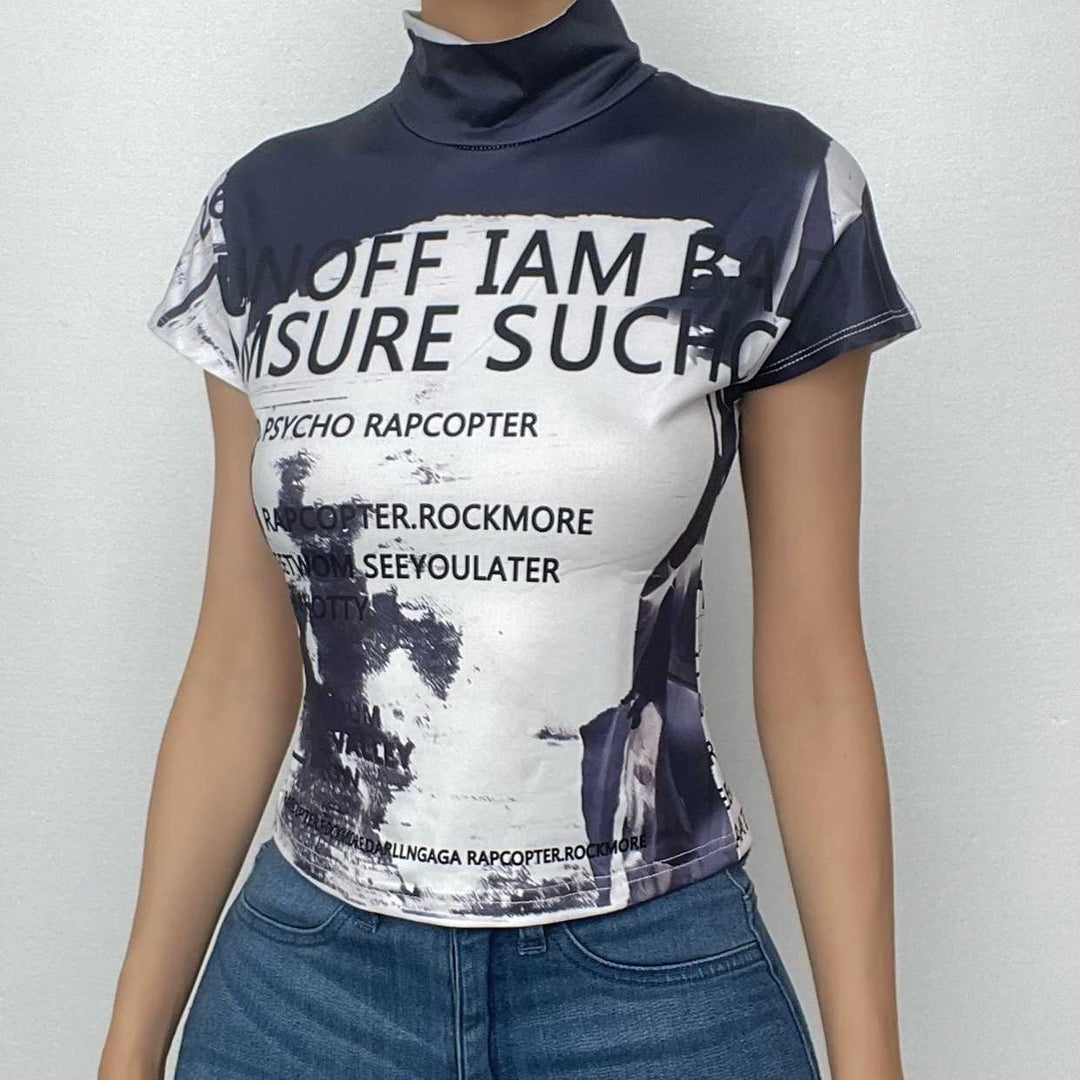 High neck short sleeve letter print contrast top-final-sale  | Festival Outfits Women