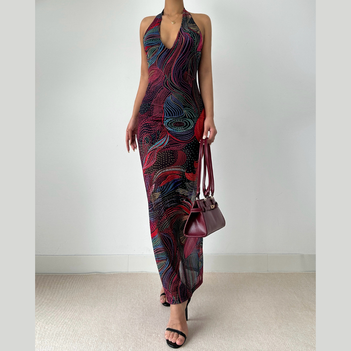 Halter v neck print contrast backless maxi dress  | Festival Outfits Women