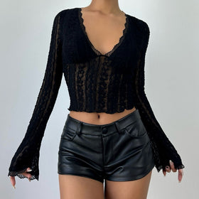 V neck lace hem long sleeve solid top  | Festival Outfits Women