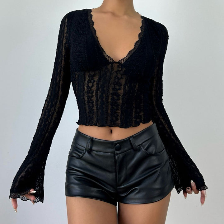 V neck lace hem long sleeve solid top  | Festival Outfits Women