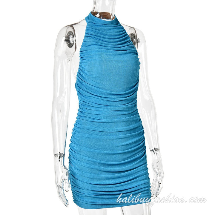Halter high neck sleeveless ruched backless solid mini dress - Halibuy - 19