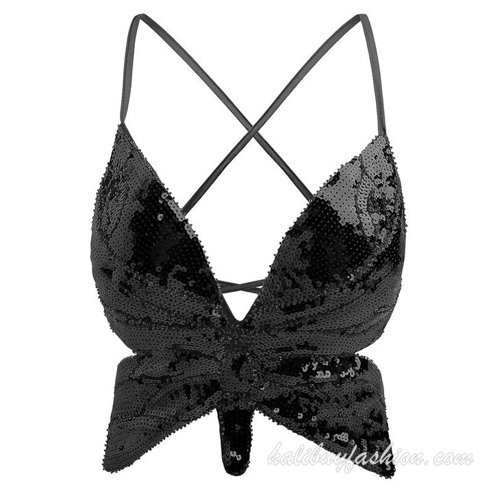 Spaghetti strap sleeveless glitter butterfly pattern deep v neck crop top - Halibuy - 19