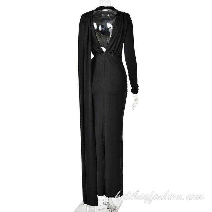 One shoulder long sleeve backless cut out high slit solid maxi dress - Halibuy - 19