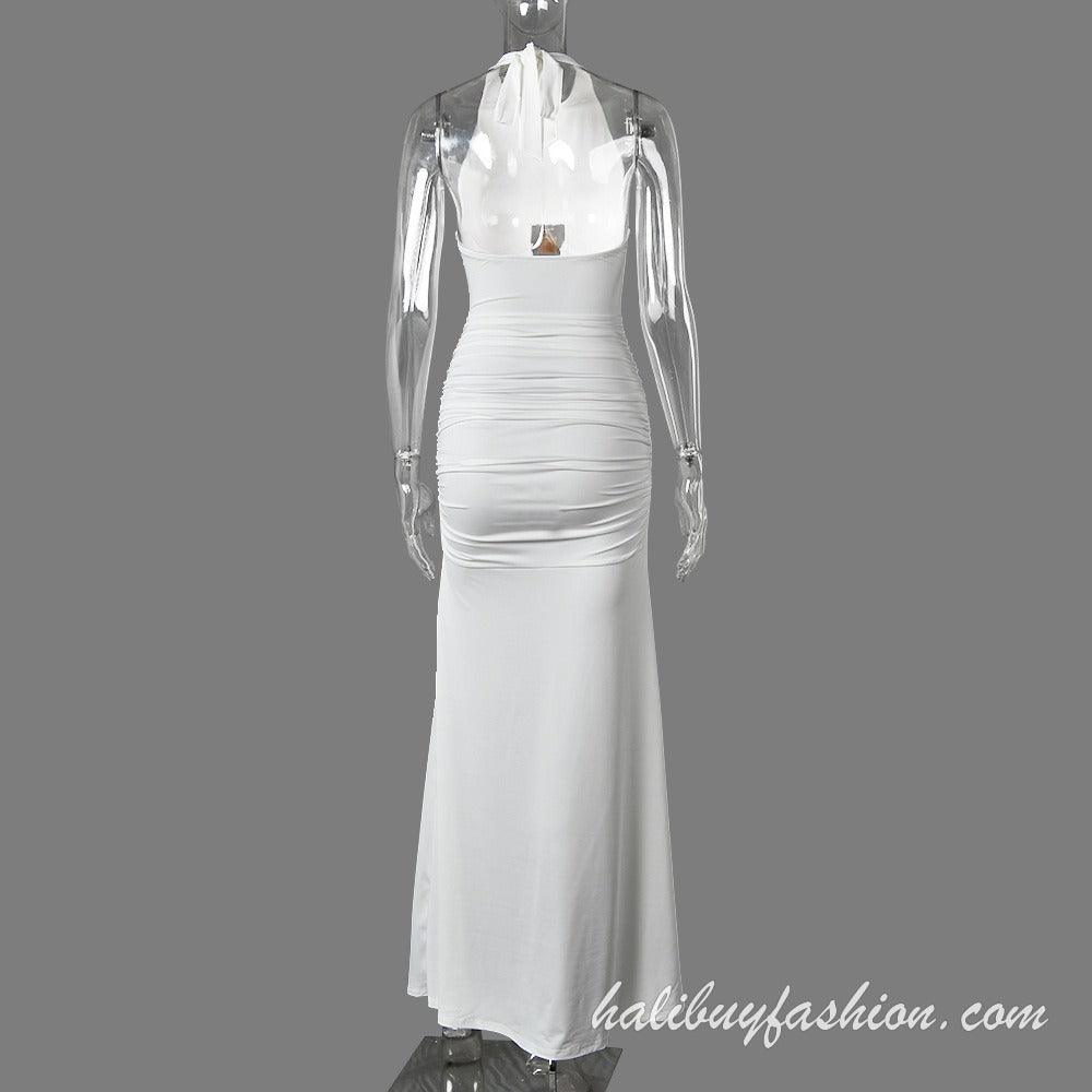 Halter sleeveless solid cut out ruched backless maxi dress - Halibuy - 19