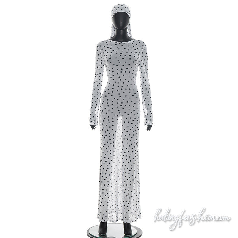 Polka dot long sleeve sheer mesh crewneck maxi dress - Halibuy - 4