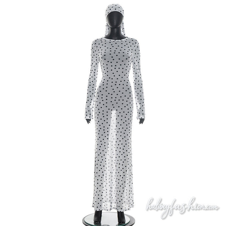 Polka dot long sleeve sheer mesh crewneck maxi dress - Halibuy - 4