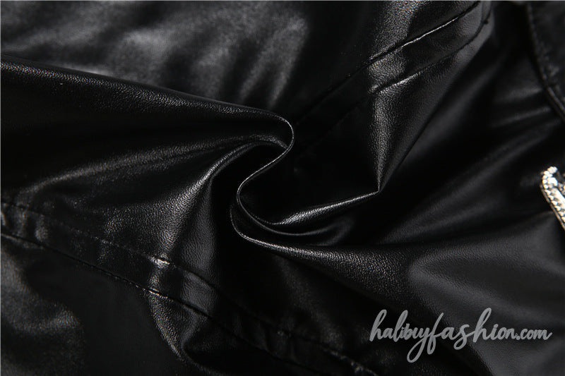PU leather buckle zip-up tube crop top