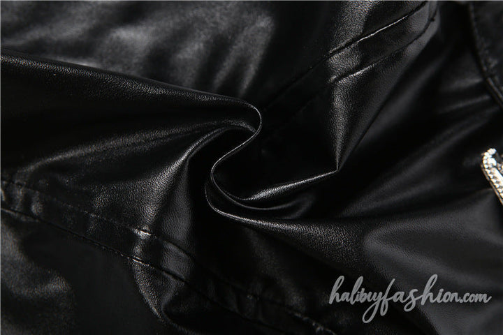 PU leather buckle zip-up tube crop top