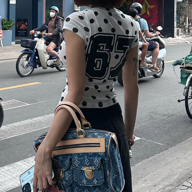 Polka dot letter crewneck short sleeve top  | Festival Outfits Women