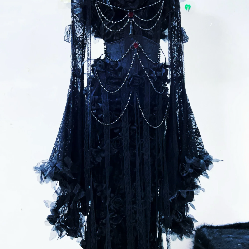 Long sleeve lace beaded flower applique corset maxi dress  | Festival Outfits Women