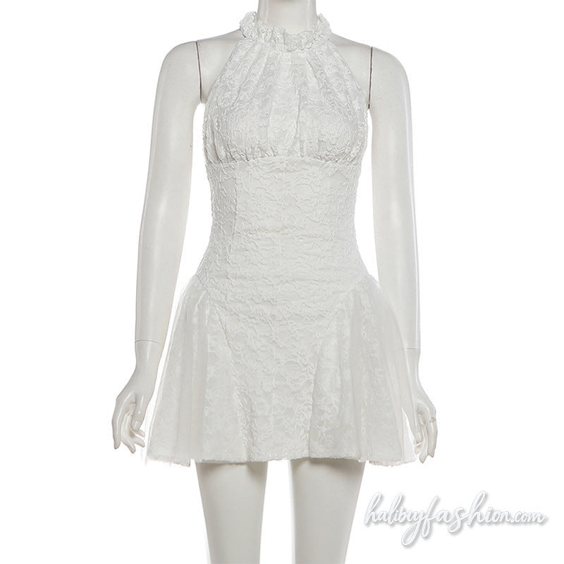 Lace zip-up ruched solid mini dress