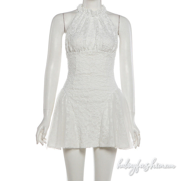 Lace zip-up ruched solid mini dress