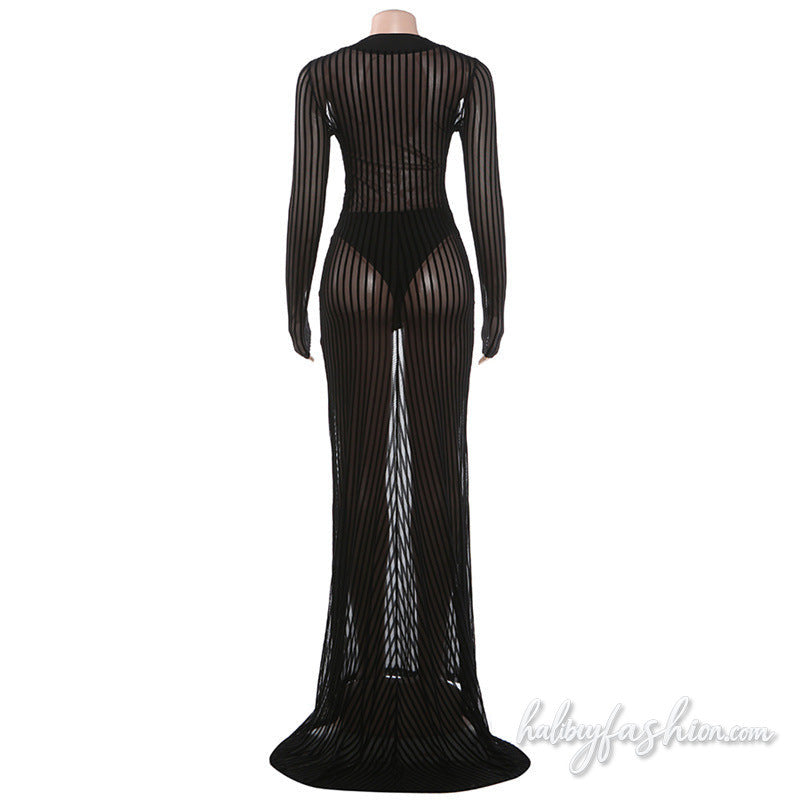 Long sleeve striped u neck mesh solid maxi dress