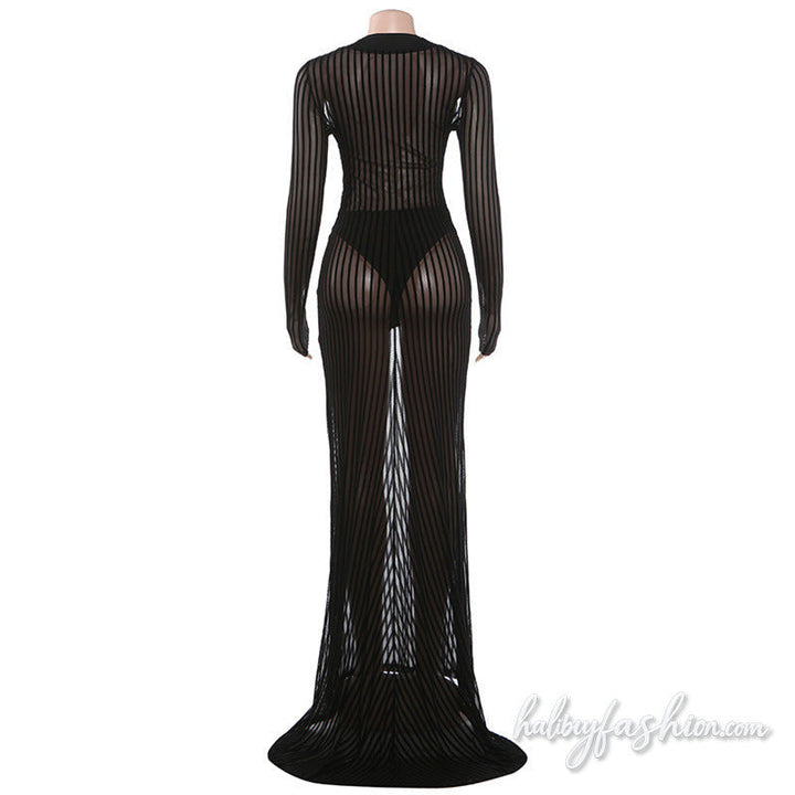 Long sleeve striped u neck mesh solid maxi dress